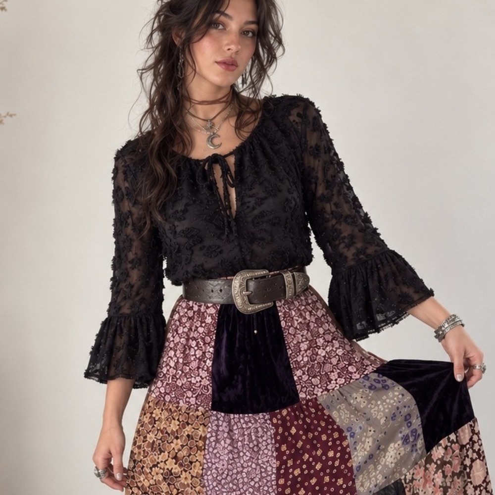 Whimsigoth Witchy Textured Eyelash Fringe Boho Bell Flared Sleeve Blouse XS